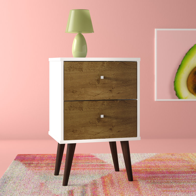 Table de chevet moderne à 2 tiroirs Liberty de l 18 po de style Mid-Century blanc et brun rustique, Blanc / Brun rustique