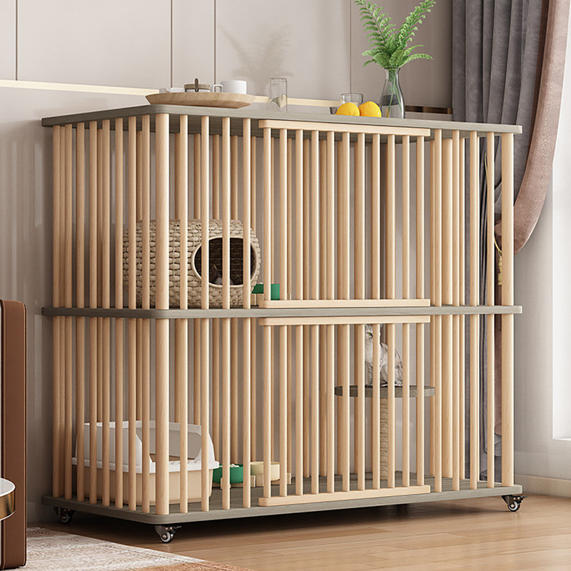 2-Layer Cat Solid Wood Cage, Gray/Natural