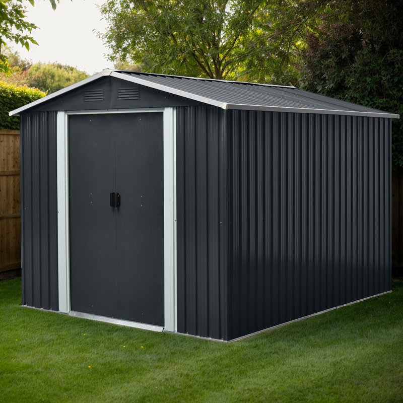 8ft x 10ft Outdoor Metal Storage Shed with Metal Foundation & Sliding Doors – Weatherproof, Includes Padlock & Tools, Black