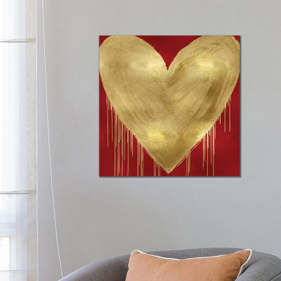 Big Hearted Gold on Red 1 Piece Wrapped Canvas Wall Art