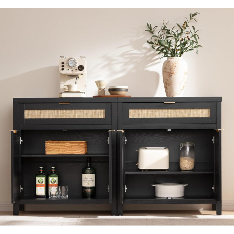 The Sideboard Buffet Storage Cabinet Set of 2, Rattan Credenza Buffet Table, Black/Oak