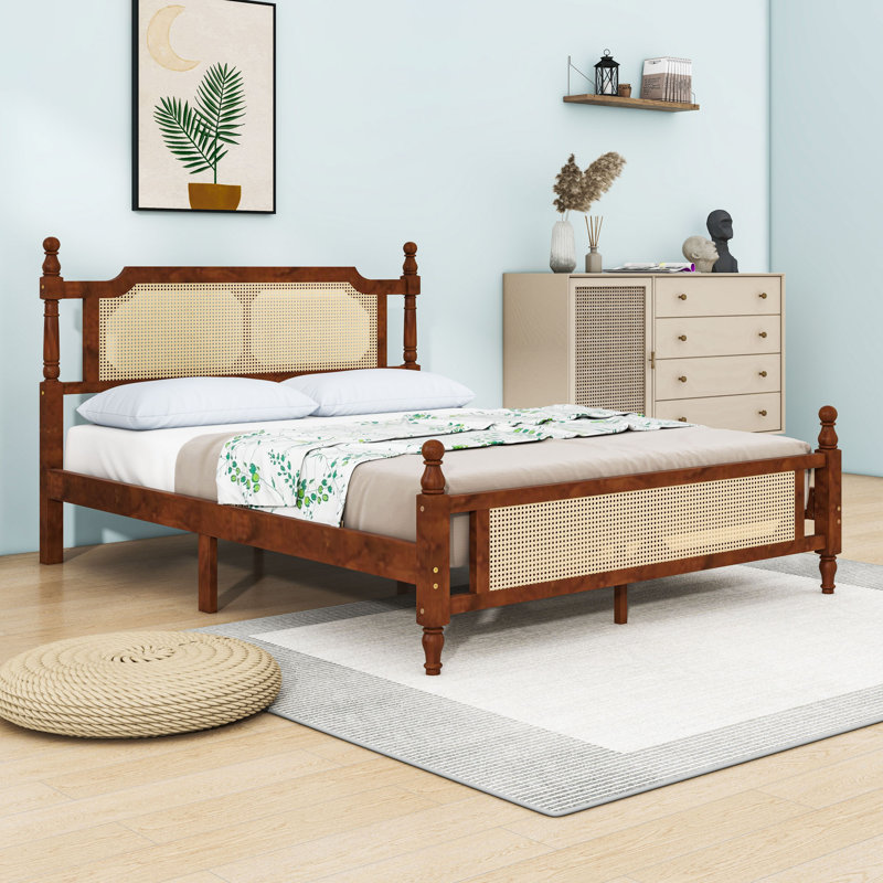 Platform Bed with Rattan Headboard, Walnut, Queen