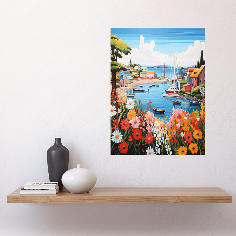 Wall Art Print Idyllic Scenic Seaside Fishing Village Bright Oil Painting Blue Bathroom Floral Artwork Harbor Bay Boats Coastal Landscape Poster