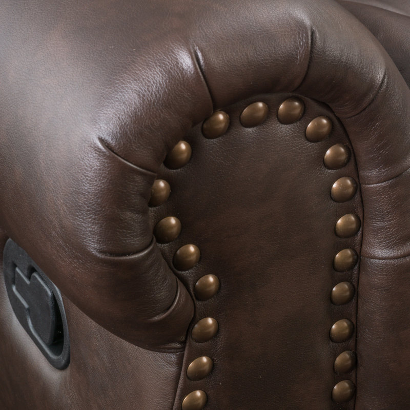 Faulks Manual Glider Recliner with Nailhead Trim, Brown Faux Leather