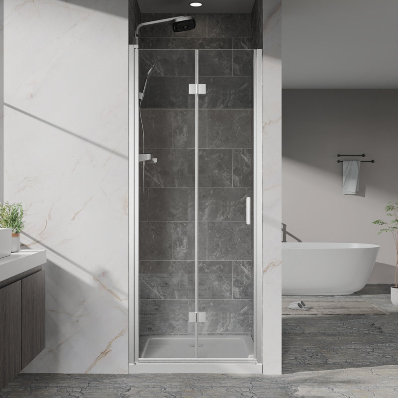 Portes de douche pivotantes Goodyo, porte de douche pliante sans cadre pliante l 30 po x H 72 po, verre trempé transparent de 1/4 po (6 mm), quincaillerie à finition chromée, installation réversible