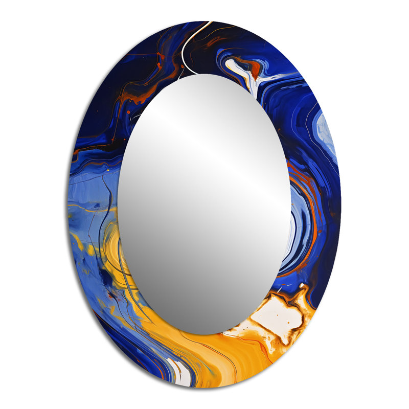 Jaune et bleu liquide encre de rivière I - décor de miroir mural ovale jaune, H 40 po x l 30 po