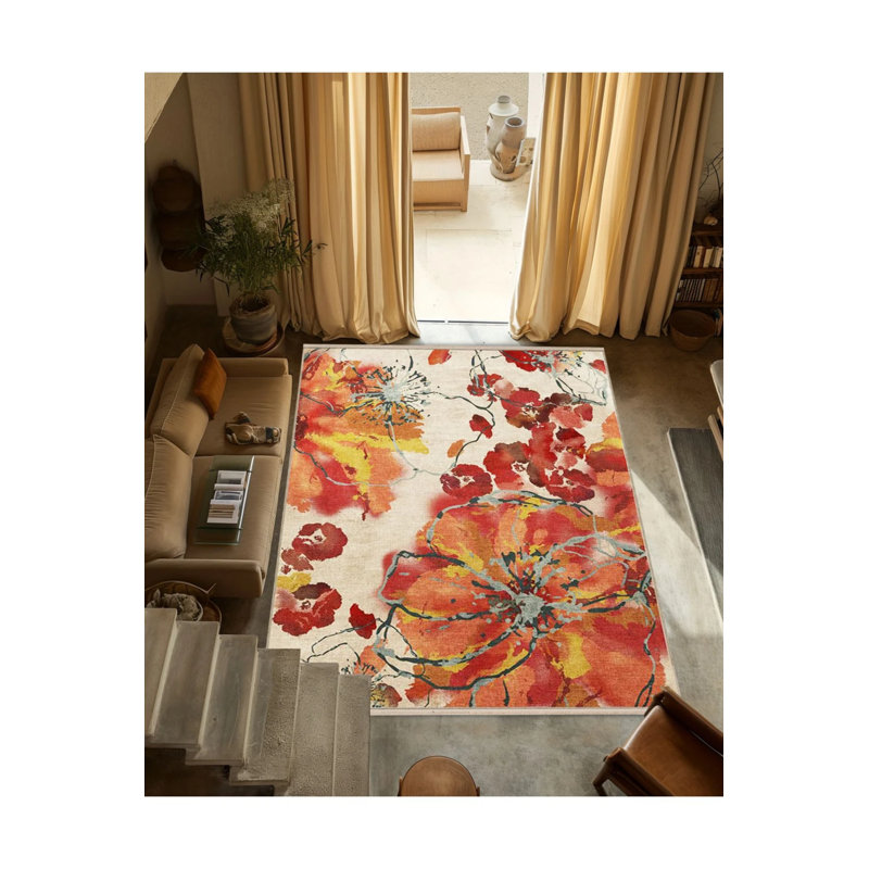 Red Beige Themed Floral Rose Patterned Fringed Vintage Decorative Carpet, Rectangle 3'4" x 6'7"
