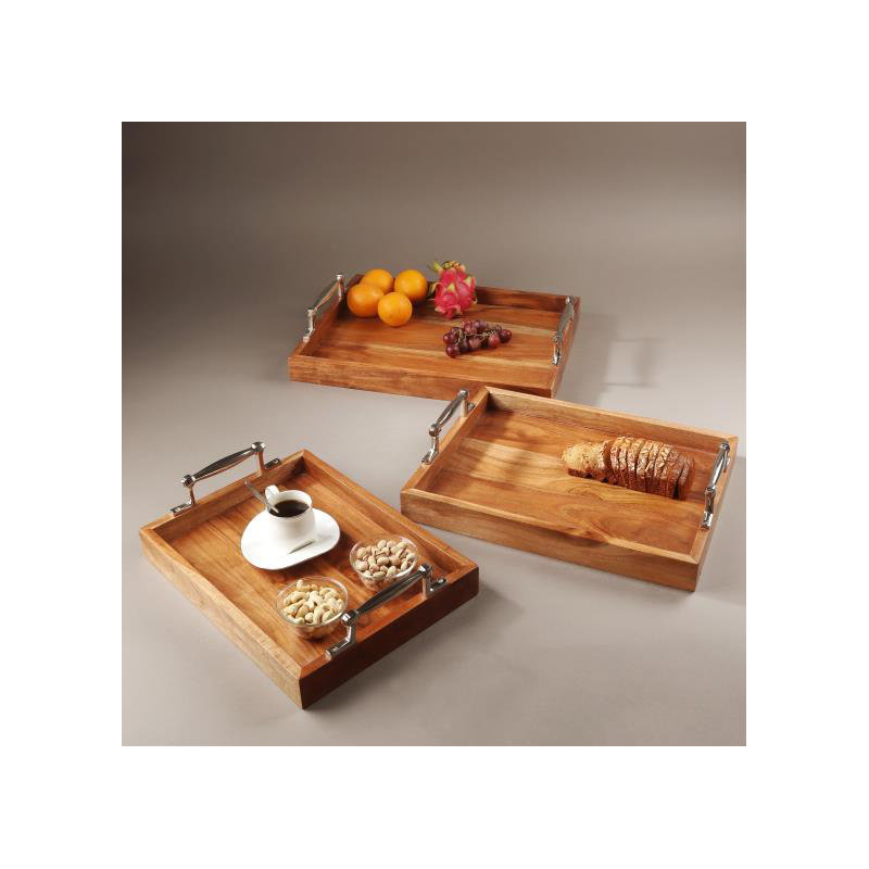 Rustic Wooden Set of 3 Trays with Aluminum Handles