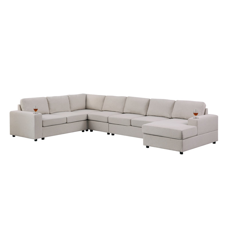 Redwater Upholstered U-Shaped Sectional Right Hand Facing, Beige Linen Blend