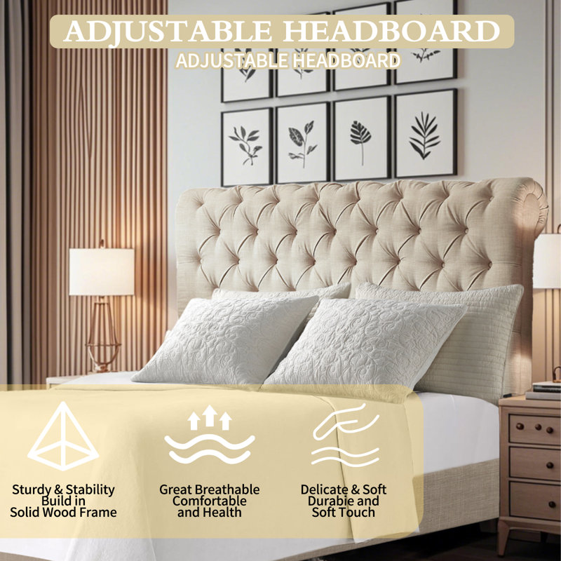 Structure de lit en tissu avec tête de lit ajustable Winston Porter, Beige, Très grand lit