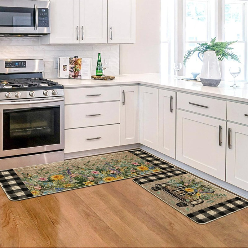 Kitchen Rugs - Multicolor, Truck & Flowers, Spring & Summer Floor Mats, Set Of 2