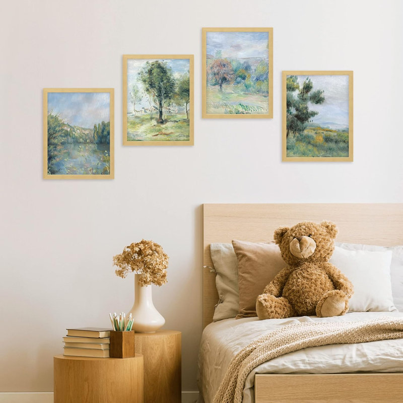 Rustique, pastel, printemps, campagne, campagne, classique, rétro, illustrations, chambre à coucher, décor encadré sur papier, impression de 4 pièces