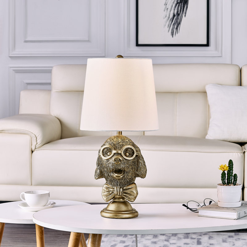 Lampe de table 20 "en résine de couleur or avec verres et abat-jour en lin, Doré, Blanc