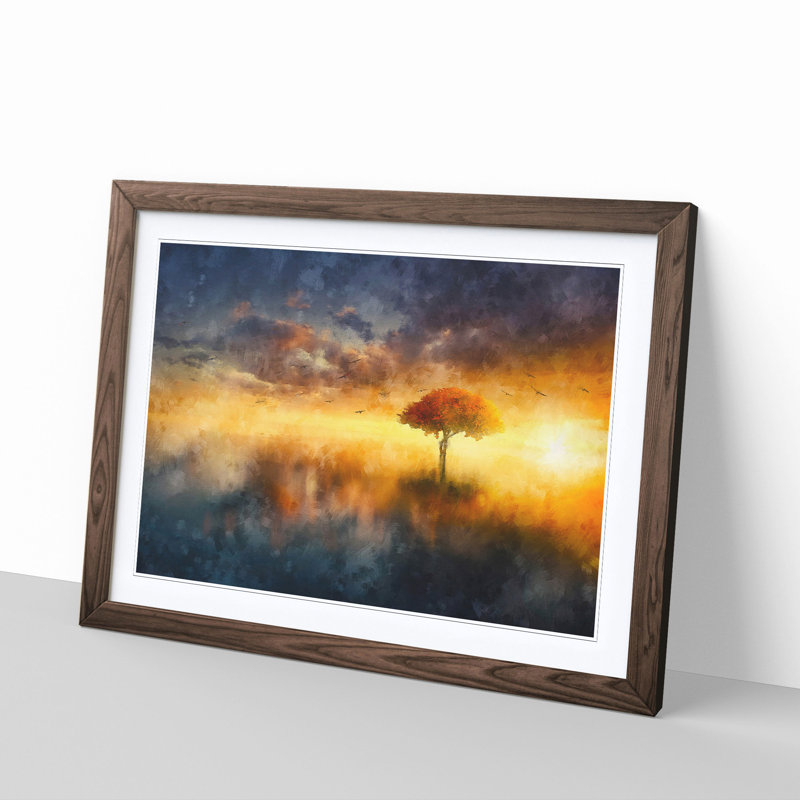 Flying Birds over a Lone Tree - Picture Frame Graphic Art Print, 45cm H x 63cm W x 2cm D, Walnut Framed