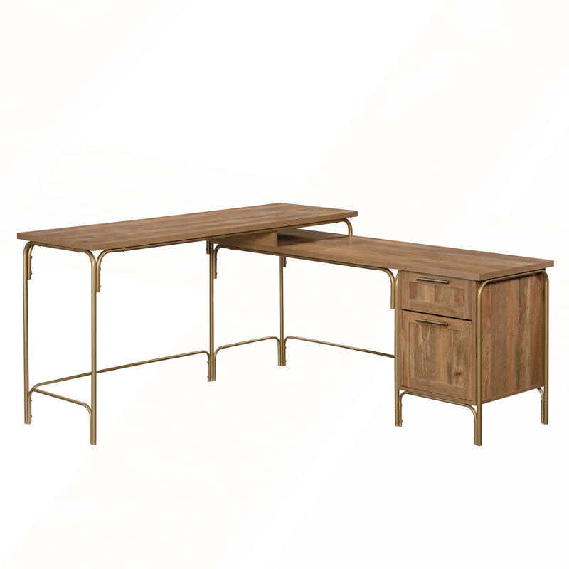 Bureau en bois en L avec design d'inspiration côtière, brun et or