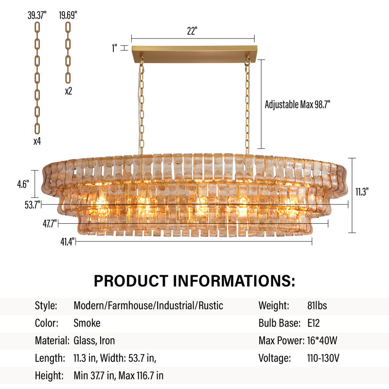 Kancler 53.7" 5 - Light Large Amber Glass Tiered Kitchen Island Gold Chandelier, Gold/Amber, 11.3" H x 53.7" W x 20.8" D