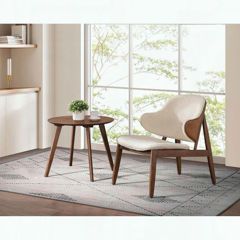 Fauteuil à oreilles de style Mid-Century avec table d'appoint, tissu bouclé et noyer