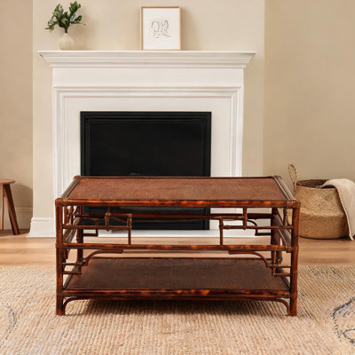 Table basse rectangulaire en rotin avec tablette ouverte, brun foncé, 41,9 de large, table de salon de style rétro bord de mer