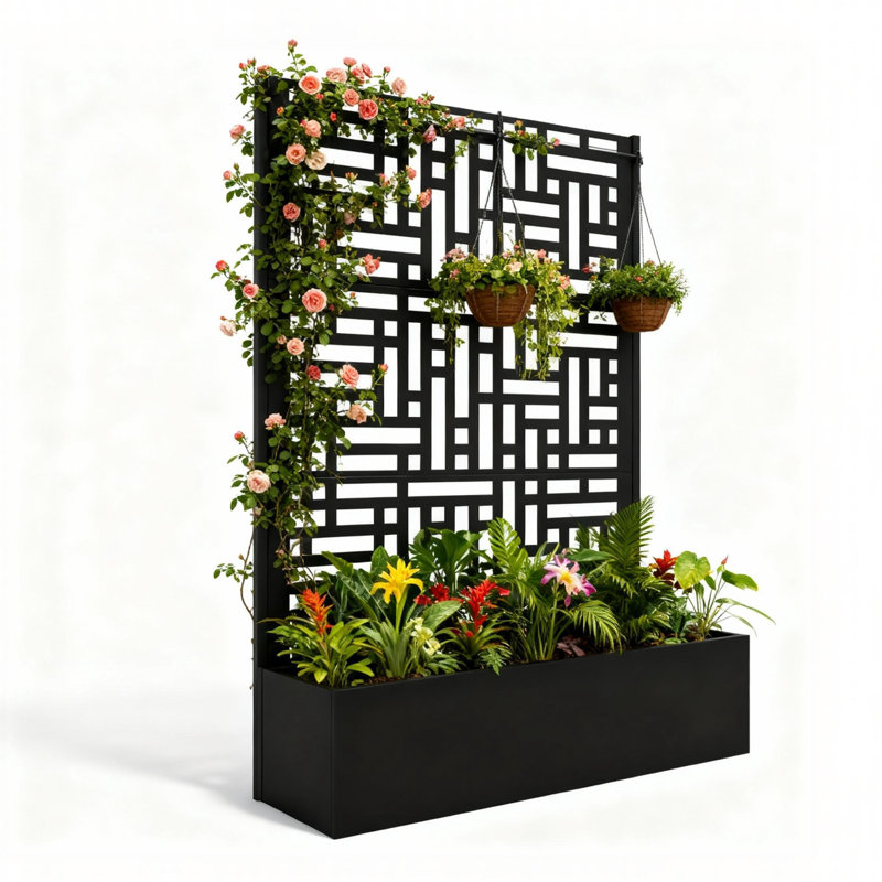 Metal Planter Box With Trellis, Outdoor Raised Garden Bed With Privacy Screen & Drainage Holes For Patio, Fence, 1Pc