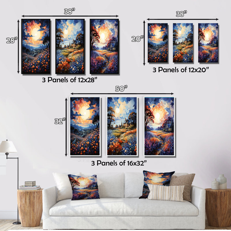 «Blue Bonnet Bliss Field II», 3 pièces sur toile, H 32 po x l 48 po, Encadrement doré