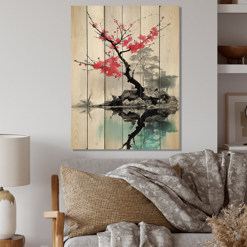 Art asiatique, lac Sumi I sur bois, H 32 po x l 24 po x P 0,78 po