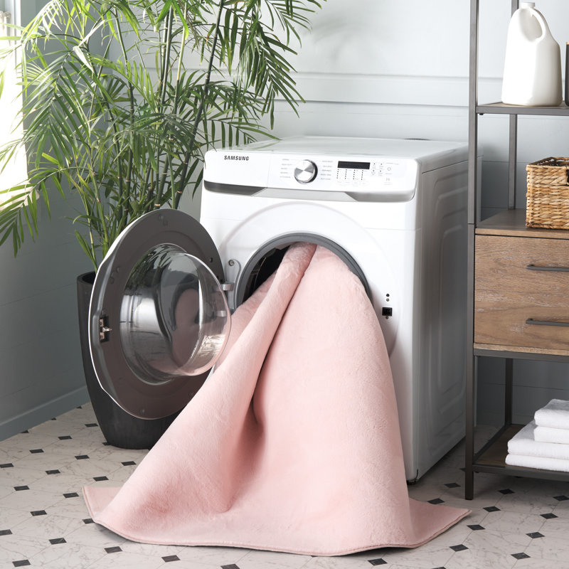 Pink Faux Rabbit Fur 5' x 7' Machine Washable Area Rug