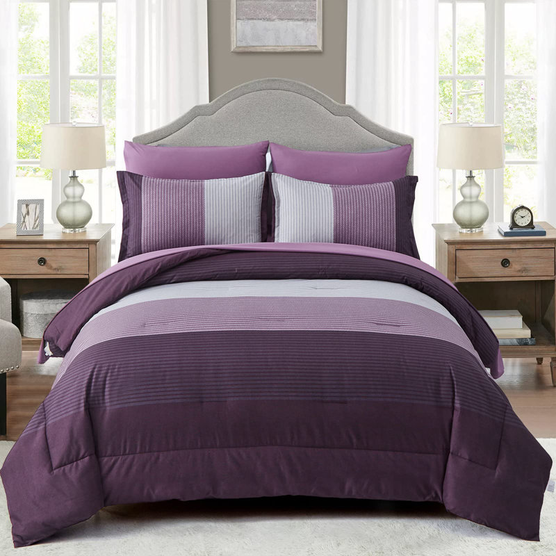 7 Pieces Striped Comforter Set Lightweight Microfiber with Comforter, Pillowcases, Pillow Shams, Flat Sheet & Fitted Sheet