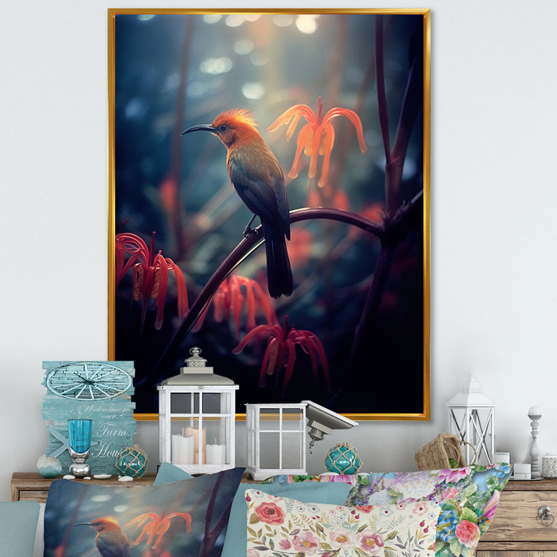 Oiseau jaune sur une fleur de cerisier V sur toile, H 32 po x l 24 po x P 1 po, Cadre flottant doré
