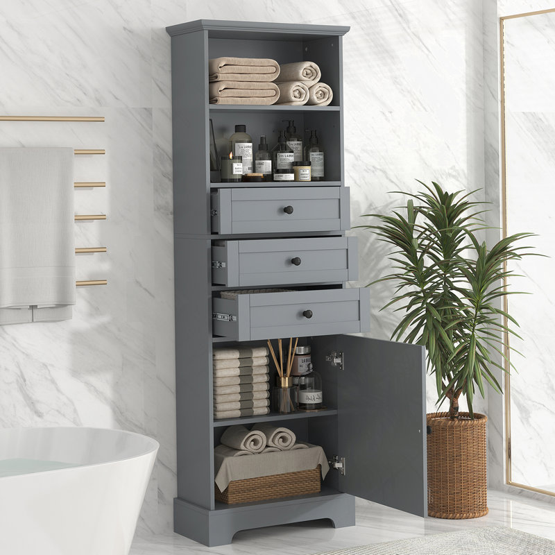 Gray Tall Storage Cabinet With 3 Drawers And Adjustable Shelves For Bathroom, Gray