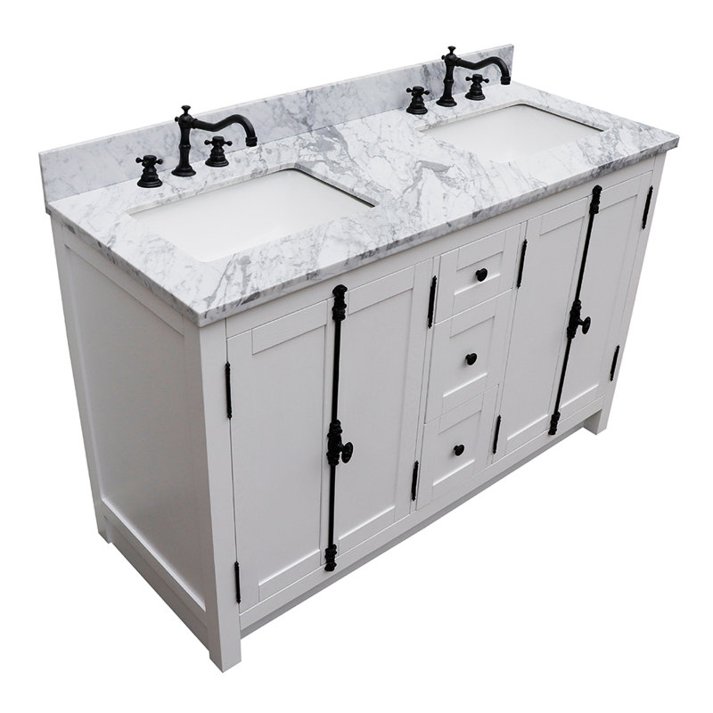 Ensemble de meuble-lavabo double 55 po Keesha, Marbre blanc, Blanc pur, Noir