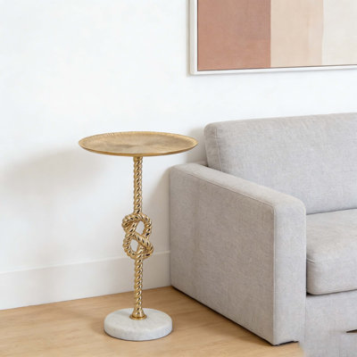 Gold Metal Accent Side Table With Rope Design & Marble Base
