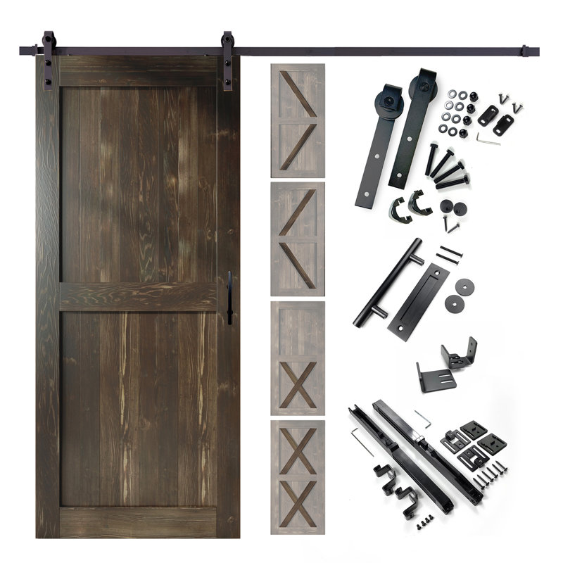 Porte en bois de pin massif 5-en-1 de conception 80 po avec quincaillerie d'installation rustique noire 5 en 1, Ébène