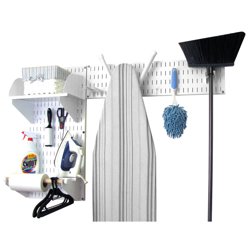White Steel Wall Mounted Laundry Room Organizer with Shelves and Hooks