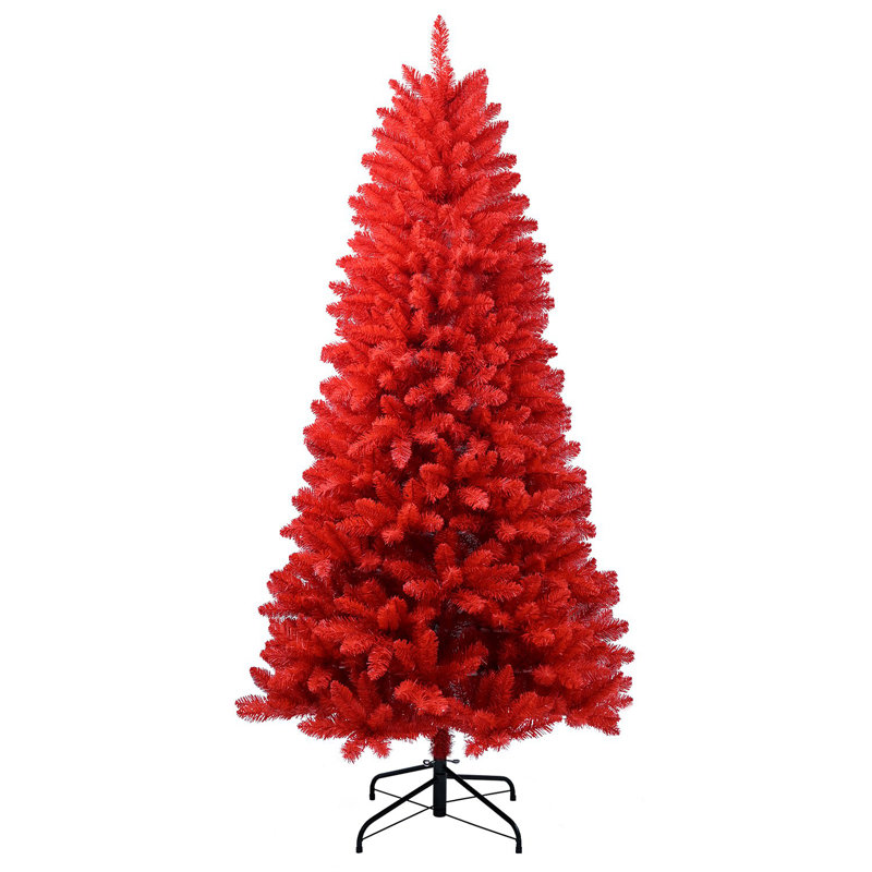 Arbre de Noël rouge 7 pi - Arbre en PVC rouge pur avec 1066 pointes, branches articulées pour une installation facile, support en métal stable, décoration audacieuse des Fêtes
