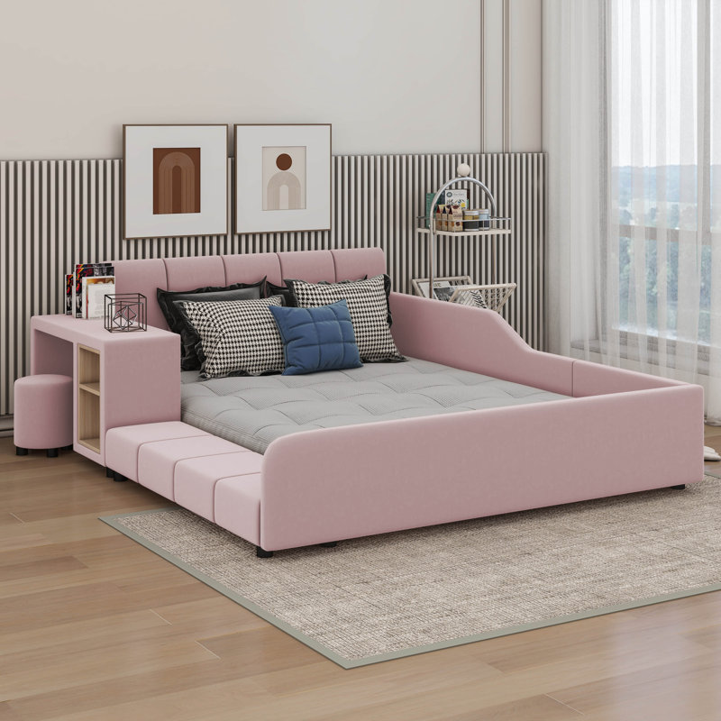Ilyne Full Size Upholstered Bed, Mother & Child Bed with Bedside Desk and Little Round Stool, Pink