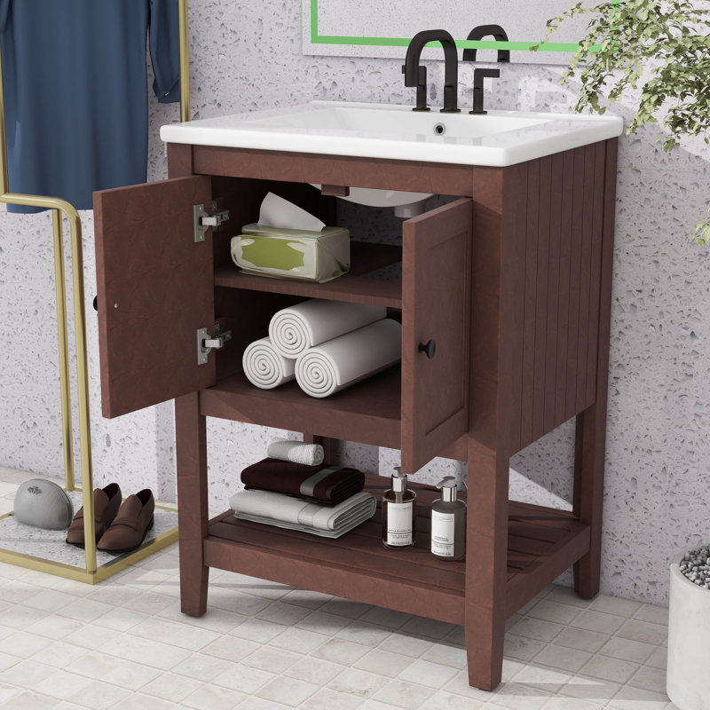 Meuble-lavabo moderne de 24 po avec lavabo en céramique, structure en bois massif et tablette ouverte - élégante armoire de rangement autoportante pour la salle de bain