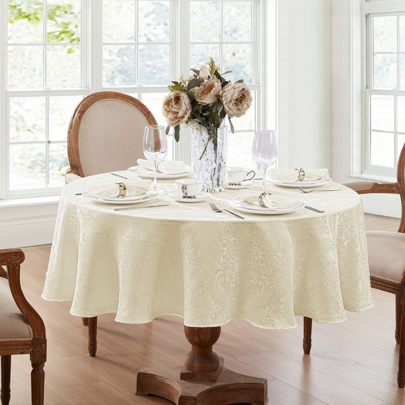 Corson Woven Damask Jacquard Polyester Tablecloth, Ivory, 90" L x 90" W Round