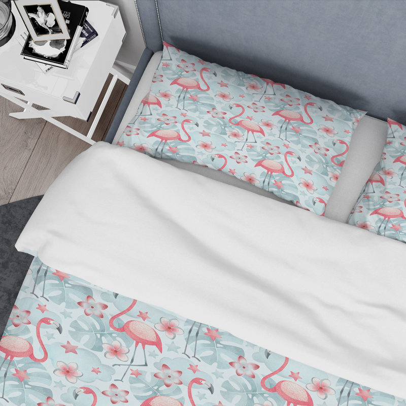 Ensemble de housse de couette tropical botanique, fleurs et flamant rose iii mid-century