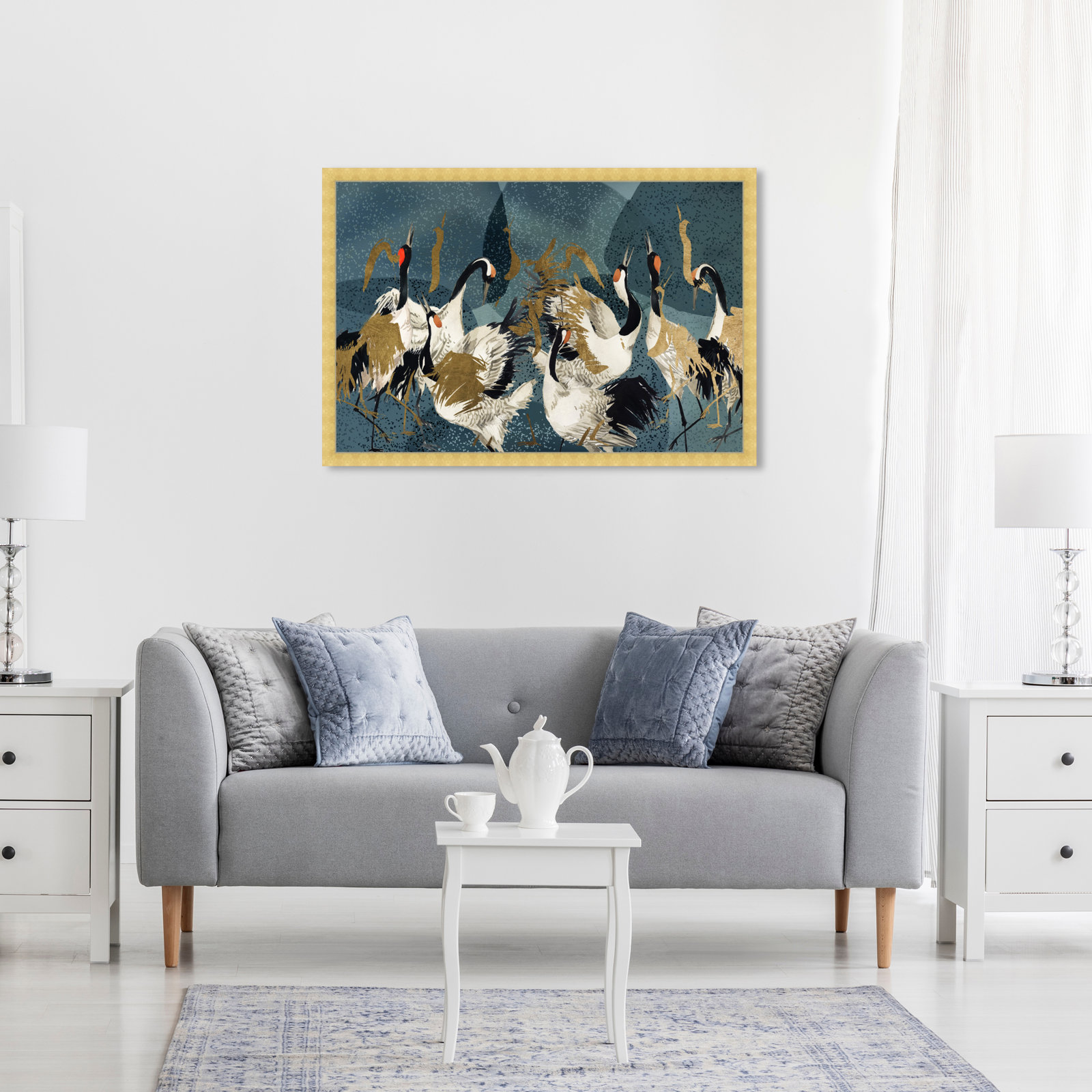 "Crane Love" by Oliver Gal Acrylic Painting Print with Mounting Hardware , Gold Framed, 22" H x 32" W