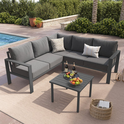 6-Piece Outdoor L-Shape Patio Conversation Set with 6" Thick Cushions,Metal Frame, Coffee Table,