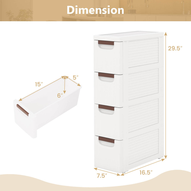 Armoire de rangement roulante étroite à 4 tiroirs avec poignées à tirer Inbox Zero