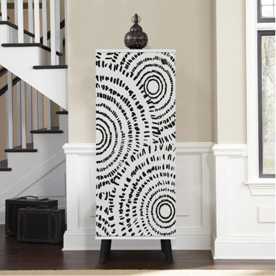 Modern Shoe Cabinet with Solid Wood Legs & Handles, White & Black Abstract Design, 19.7 x 53.1 x 15.0 inches | 100% Melamine Coated Chipboard, UV Coating | Multiple Shelves for Organized Storage