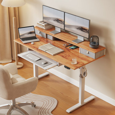 Bureau debout électrique 55 po avec 2 tiroirs et plateau à clavier, bureau à hauteur réglable pour le bureau personnel 