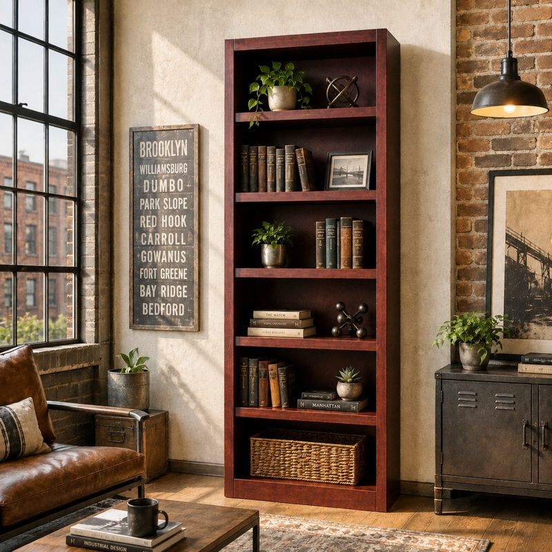 Port City Wood Bookcase, (6 Shelves) 84"H x 30.5"W x 10.63"D., Cherry