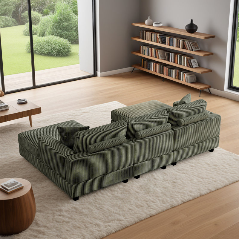 103" L-shaped Modular Sectional Sofa 3-Piece Corduroy Deep Seat Couch With Chaise Set & Pillows, Green Corduroy