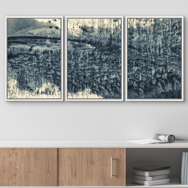«Black and White Grunge Ink Collage», 3 pièces sur toile, Cadre flottant blanc, H 24 po x l 48 po