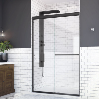 Distinctive porte de douche coulissante semi-sans cadre de l 48 po x H 70,5 po noir mat avec verre transparent de 1/4 po d'épaisseur