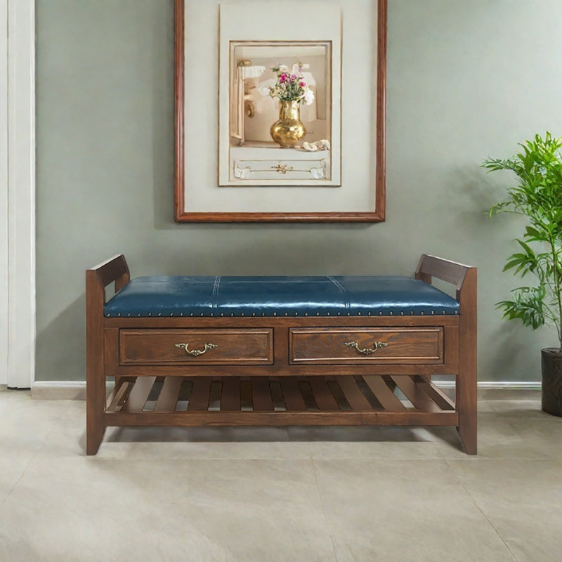 39.4in Shoe Storage Bench With Drawer, Blue;Brown Wood