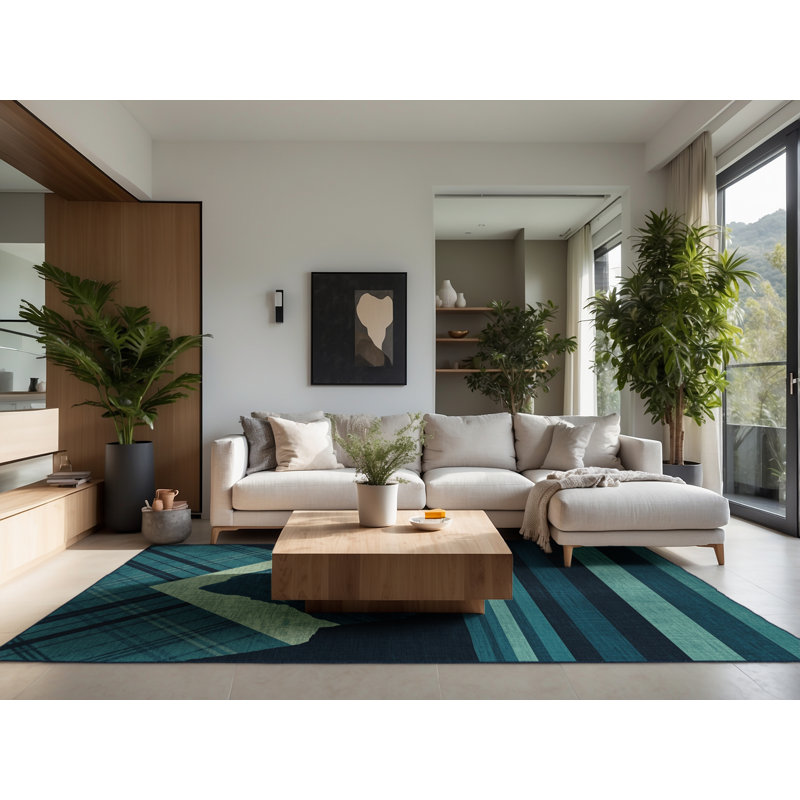 Soft Plush Garrett New Zealand Milford Sound Rustic Plaid Area Rug in Blue – Navy Binding, 6x9