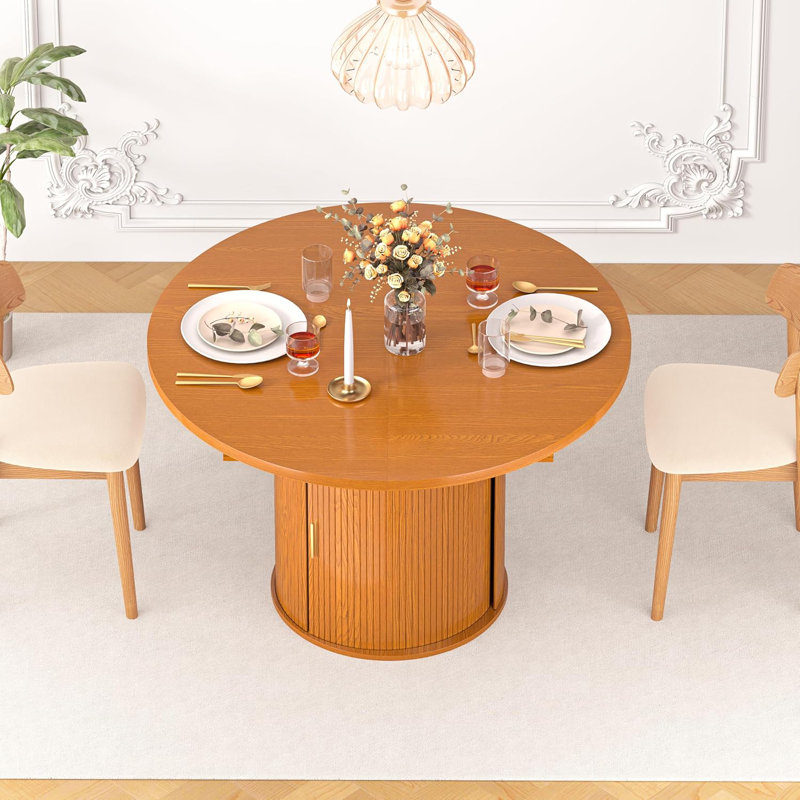 47-63" Extendable Round Dining Table for 4-8 People, Mid-Century Modern Kitchen Table with Storage Cabinet, Yellow oak